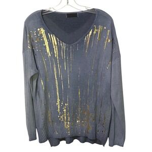 Bella Amore Knit Sweater Gold Foil Splatter Paint L Blue Artsy Boho Grunge Italy